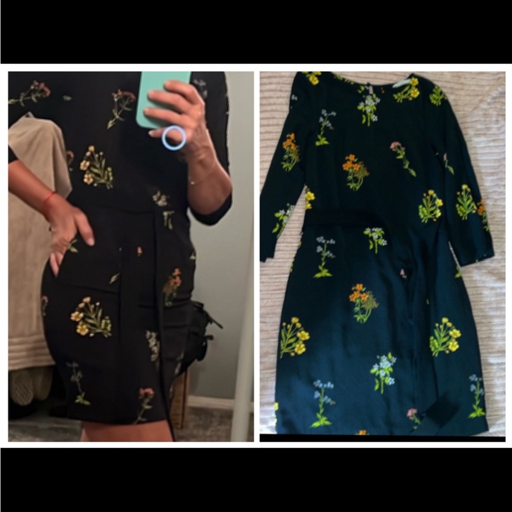 H&M Black Floral Dress 3/4 sleeve with side pockets in EUC.